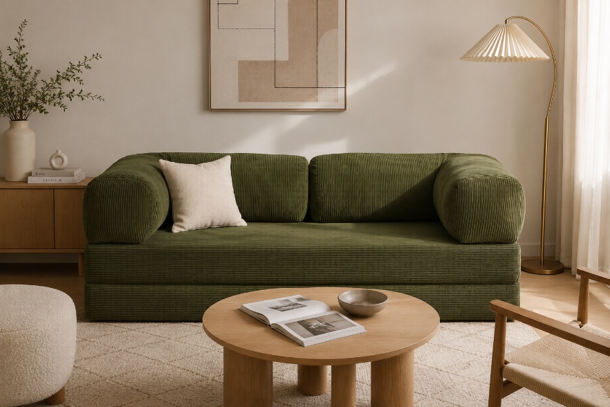 CLOUD olive green corduroy sofa in a bright modern living room