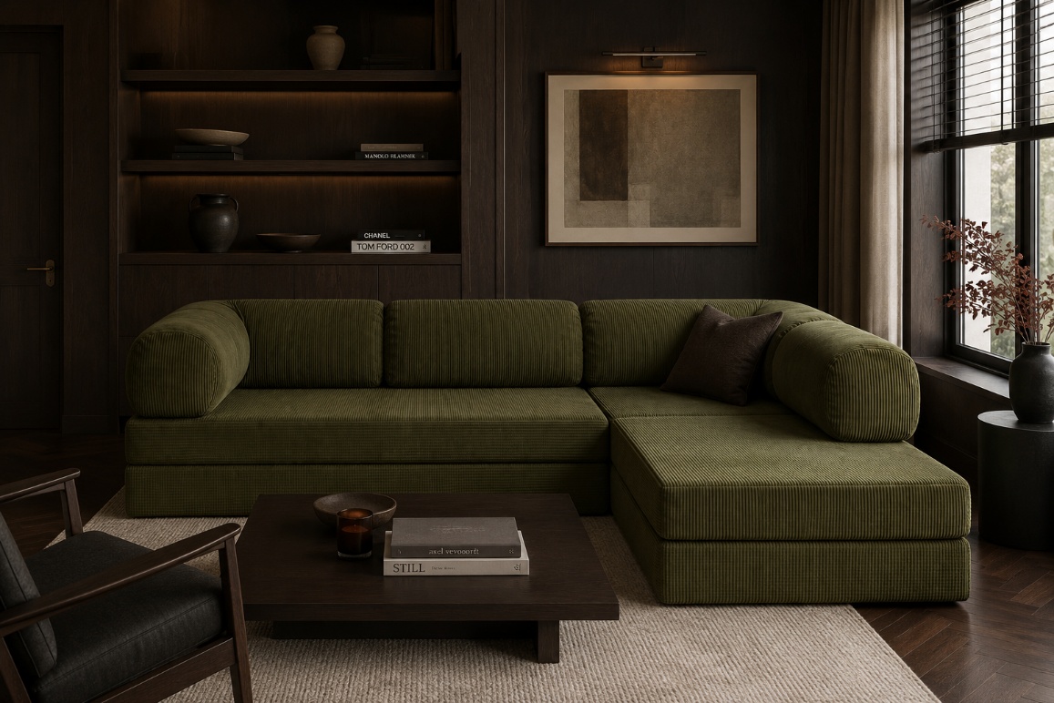 Olive green CLOUD corner sofa in a dark wood modern living room