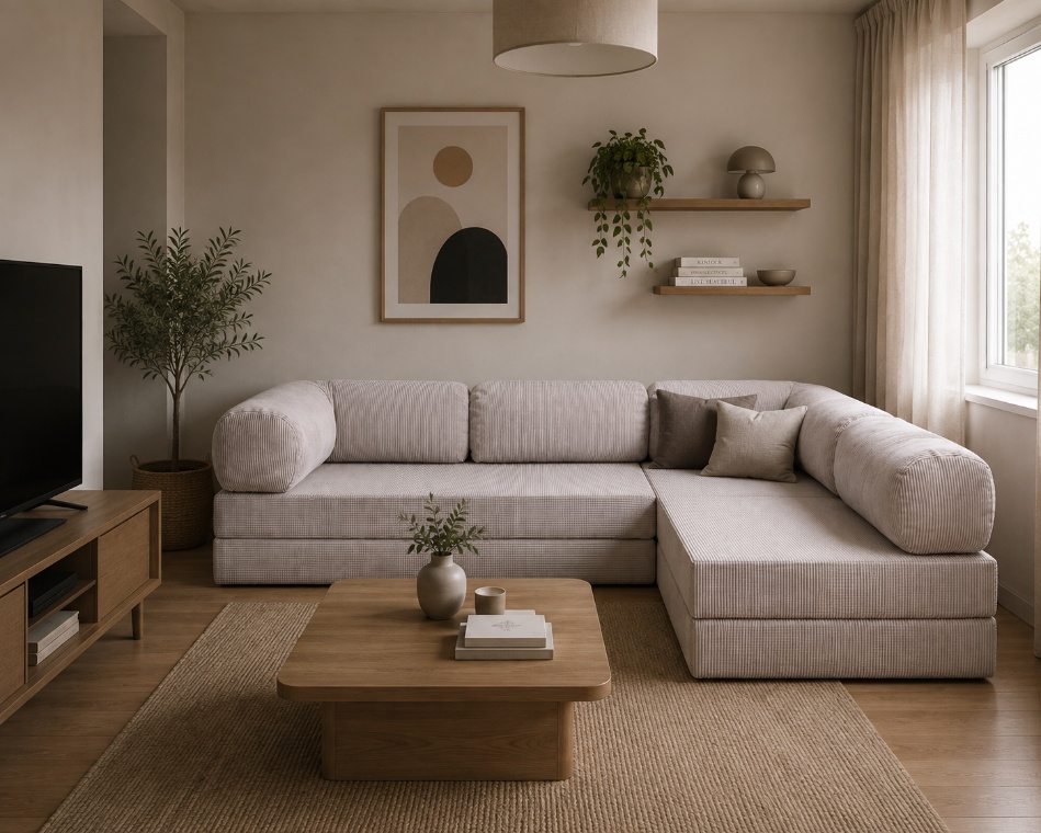 Light CLOUD sofa styled for autumn with warm textiles